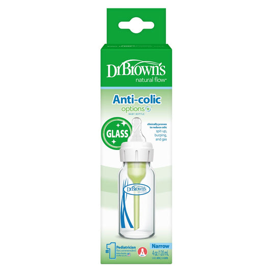 Dr. Brown's Natural Flow Anti-Colic Options+ Narrow Glass Baby Bottle, with Level 1 Slow Flow Nipple