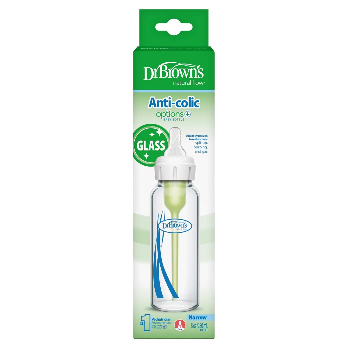 Dr. Brown's Natural Flow Anti-Colic Options+ Narrow Glass Baby Bottle, with Level 1 Slow Flow Nipple