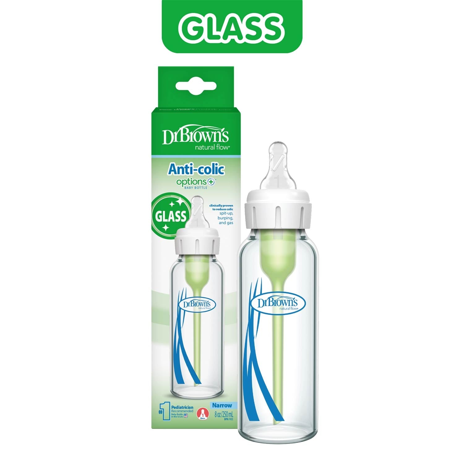 Dr. Brown's Natural Flow Anti-Colic Options+ Narrow Glass Baby Bottle, with Level 1 Slow Flow Nipple