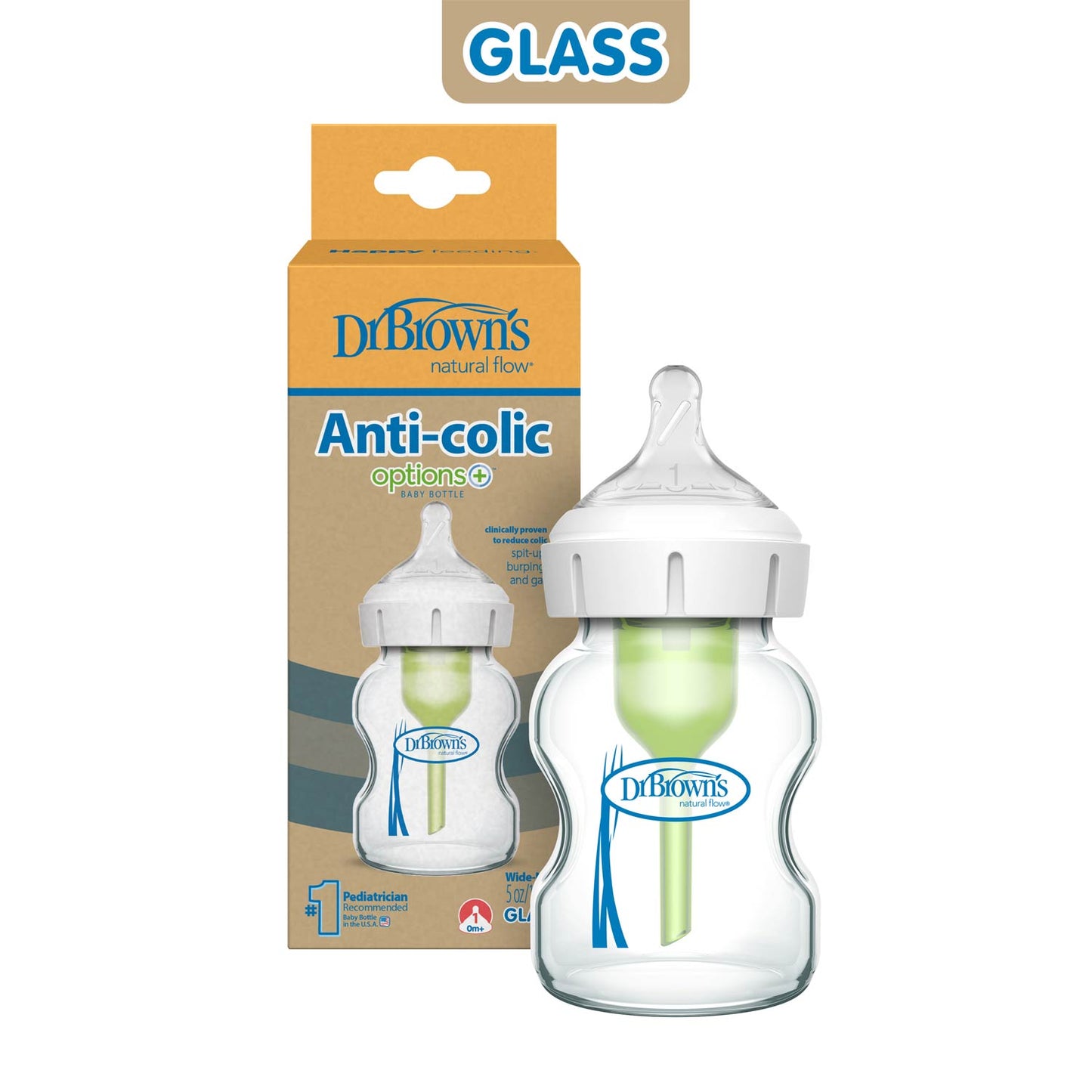 Dr. Brown's Natural Flow Anti-Colic Options+ Wide-Neck Glass Baby Bottle, with Level 1 Slow Flow Nipple