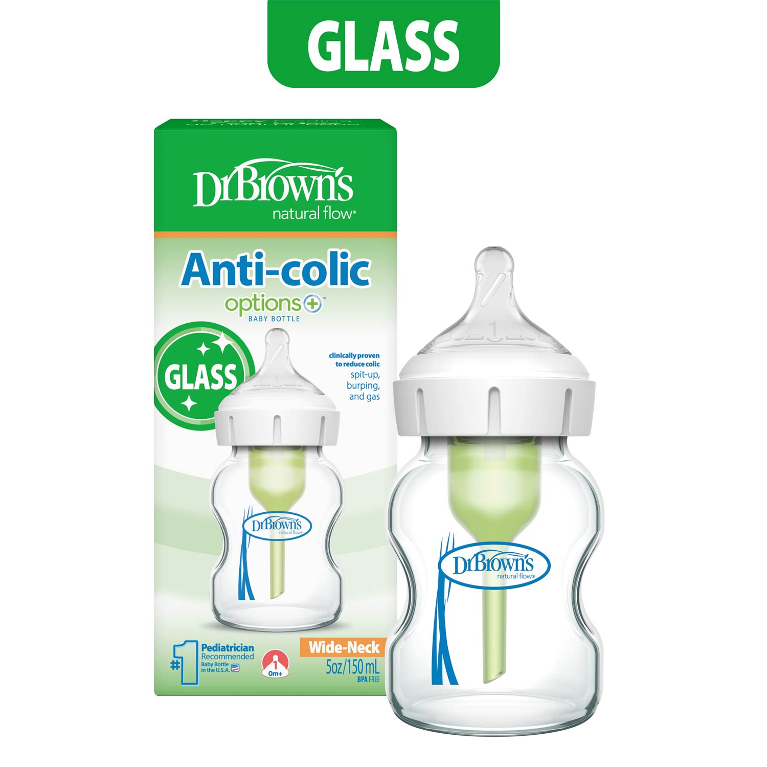 Dr. Brown's Natural Flow Anti-Colic Options+ Wide-Neck Glass Baby Bottle, with Level 1 Slow Flow Nipple