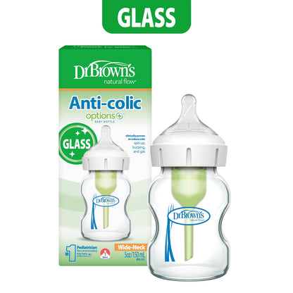 Dr. Brown's Natural Flow Anti-Colic Options+ Wide-Neck Glass Baby Bottle, with Level 1 Slow Flow Nipple