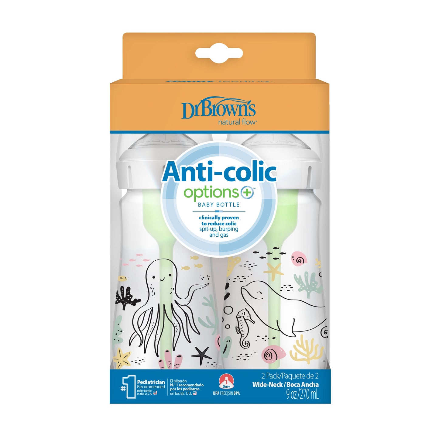 Dr. Brown’s Natural Flow Anti-Colic Options+ Wide-Neck Baby Bottle, 9oz/270mL, 2-Pack